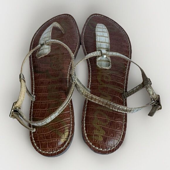 Sam Edelman Gigi Gold Sandals Size 9.5 Thong Slingback Flat Faux Crocodile - Picture 3 of 10